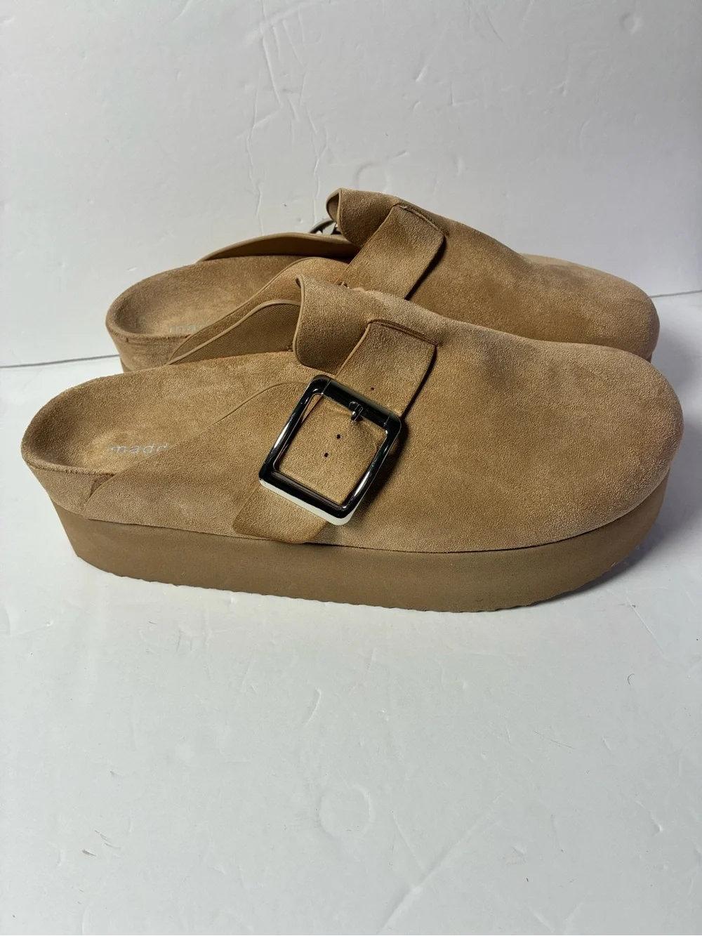 Madden Girl Tan Suede Slip-On Clogs with Silver Buckles